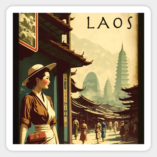 Laos Woman Vintage Travel Art Poster Sticker by OldTravelArt